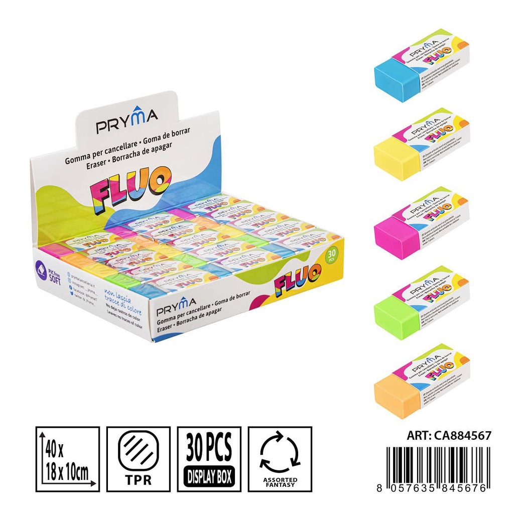 Goma de borrar color fluorescente 40X18X10 mm - Artículos de papelería