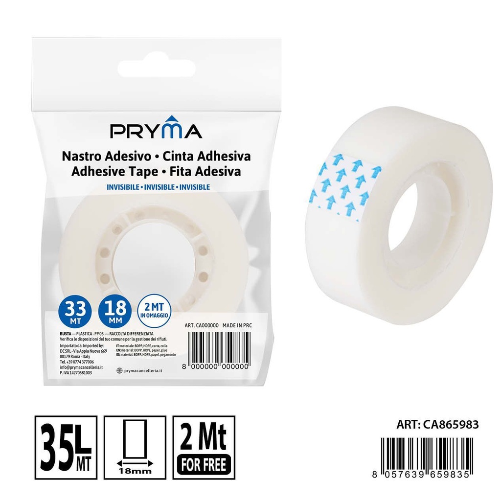 Cinta adhesiva invisible (1pz) 18MMX33M+2M - Cinta adhesiva