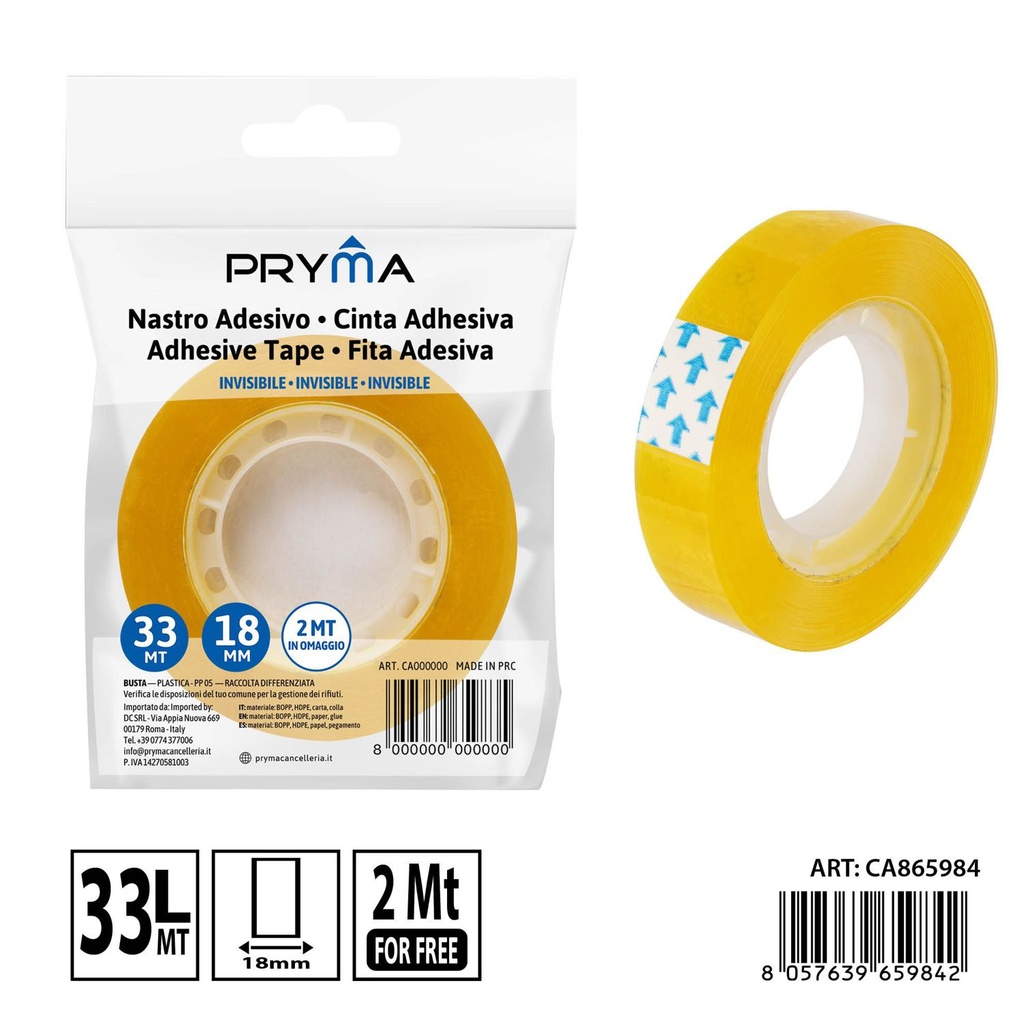 Cinta adhesiva transparente 18mm x 33m + 2mm - Adhesivos