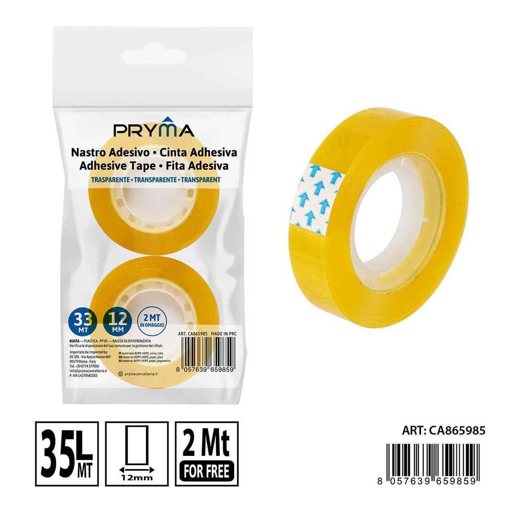 Cinta adhesiva transparente amarilla (2pz) 12MMX33M+2MM - Cinta adhesiva