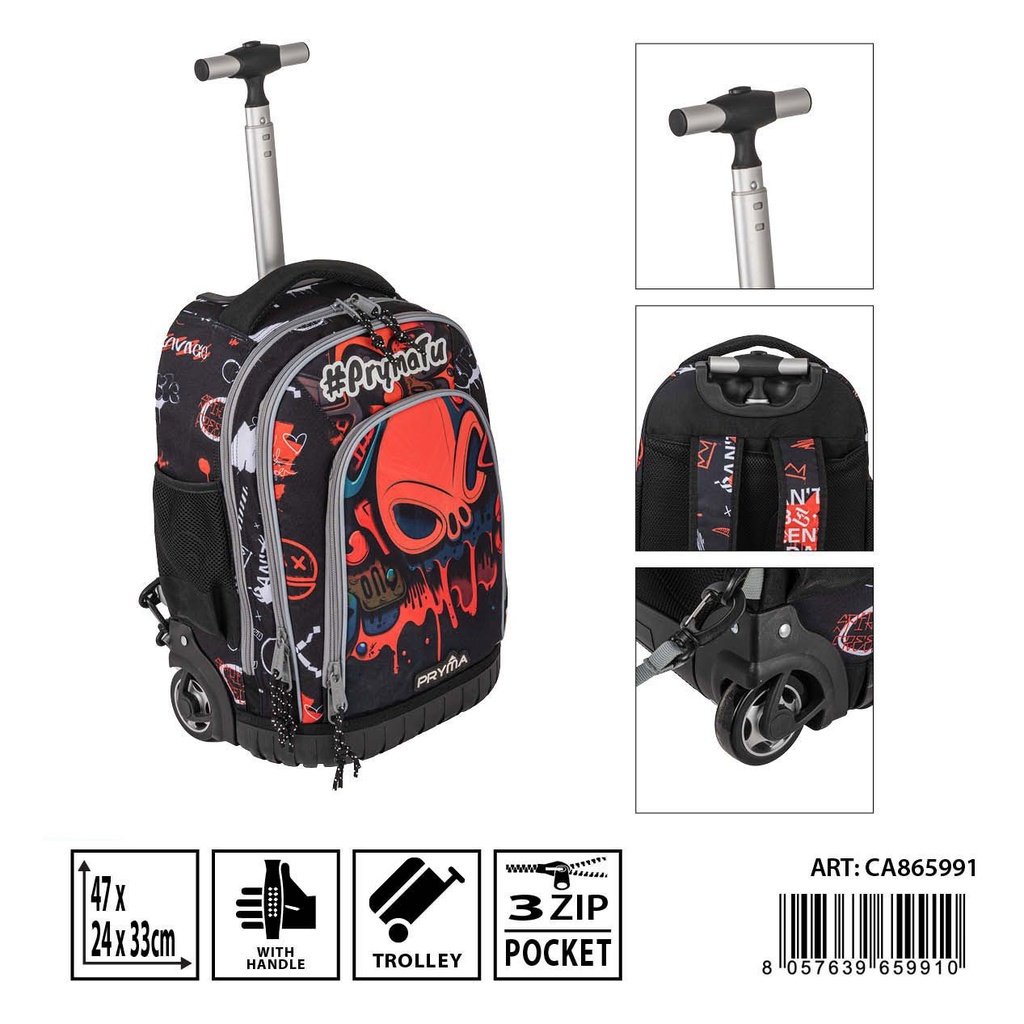 Mochila escolar con ruedas 45X22X32.5 cm con calavera - Mochilas