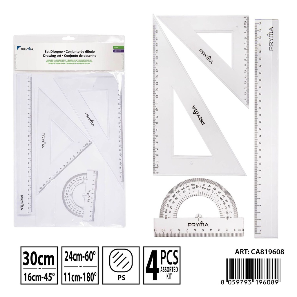 Regla de 30cm con escuadra 16cm 45°/24cm 60° para geometría y dibujo técnico