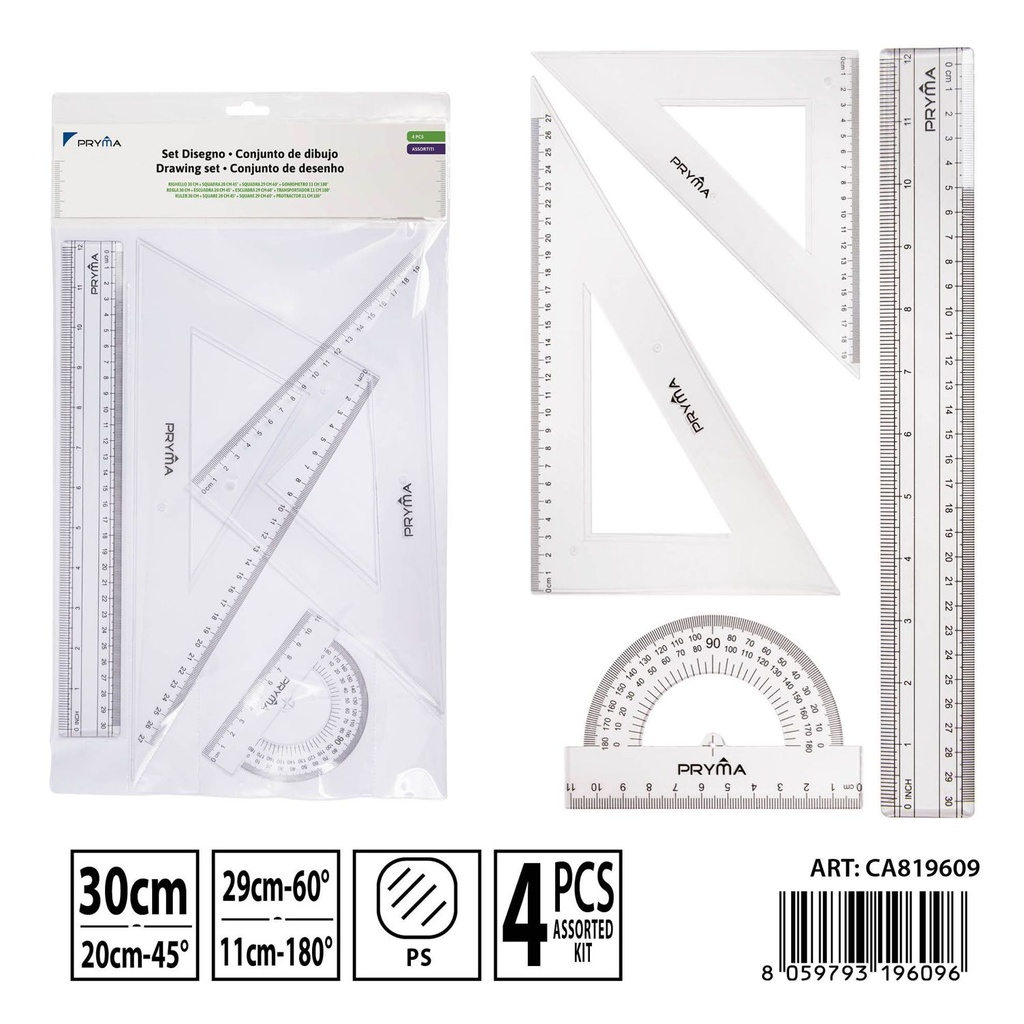 Kit de regla 30cm y escuadra 20cm y 29cm transparente con transportador para dibujo