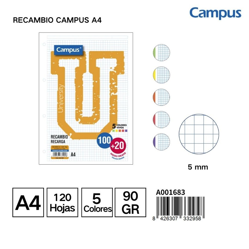 Recambio Campus A4 120H 90g Cuadr. 5mm - Material de oficina