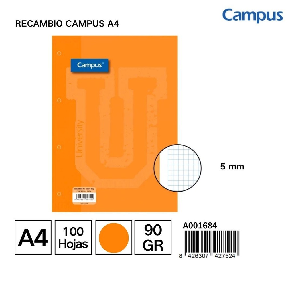 Recambio Campus A4 100H 90g Cuadr. 5mm Naranja - Papelería y útiles escolares