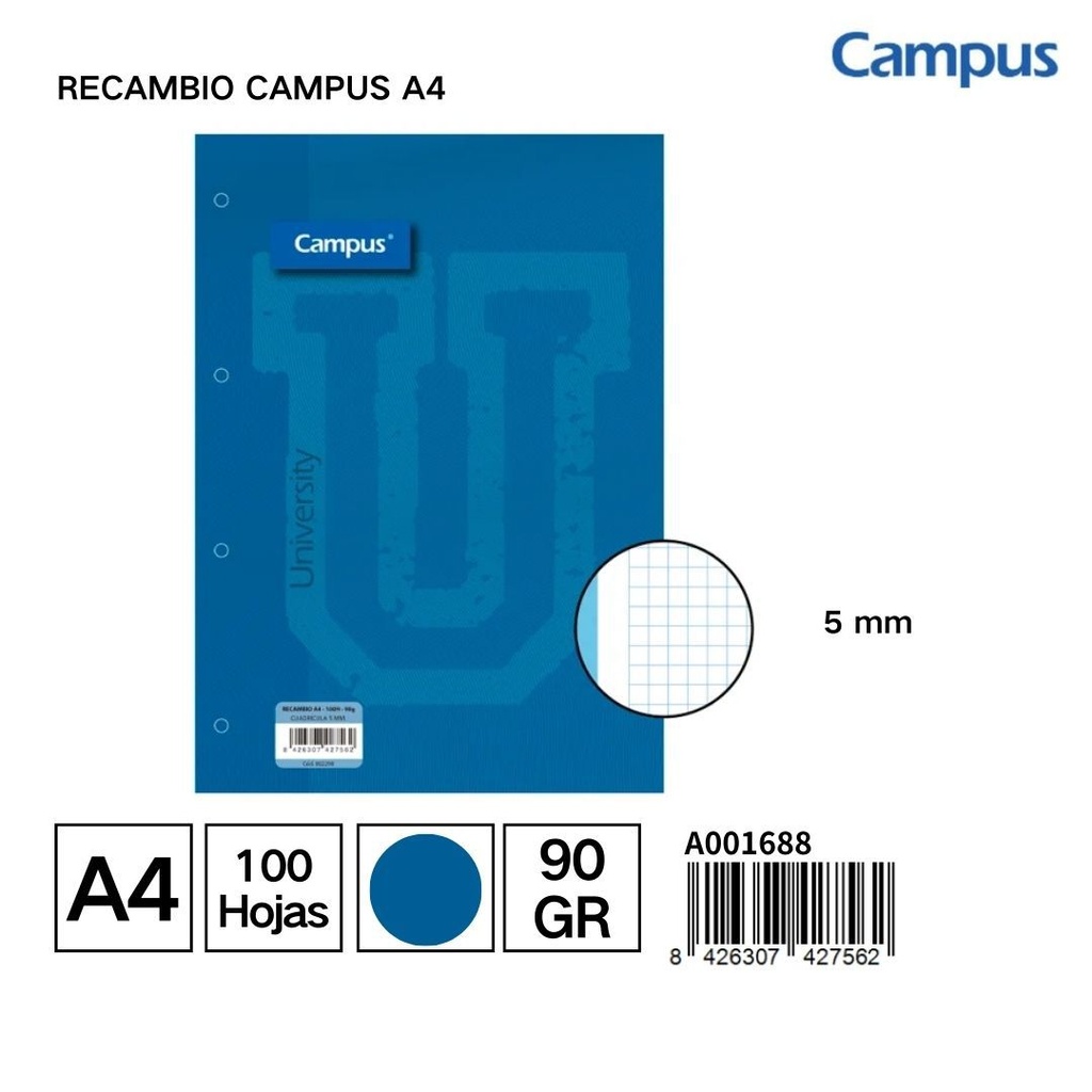 Recambio Campus A4 100H 90g Cuadr. 5mm Azul - Papelería y útiles escolares