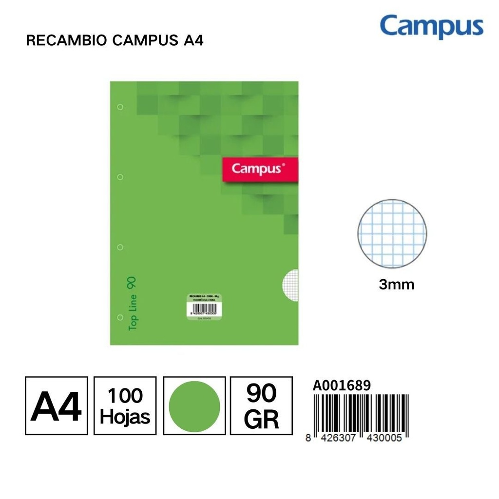 Recambio Campus A4 100 hojas 90g cuadrícula 5mm roja para apuntes y organización