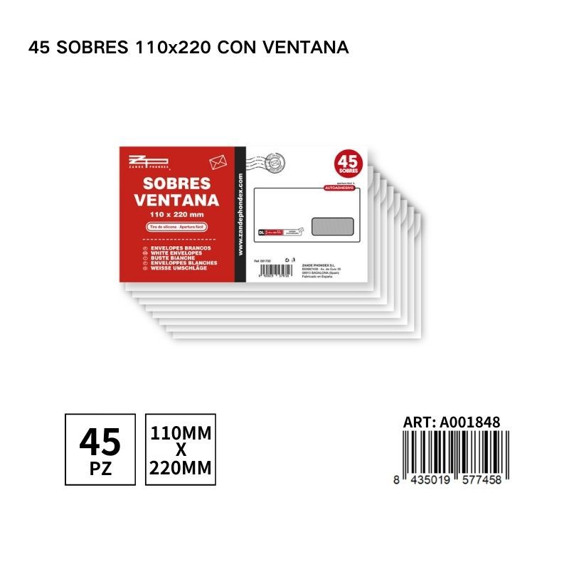 Sobres ventana 110x220 mm 45 pcs - Material de oficina y empaques