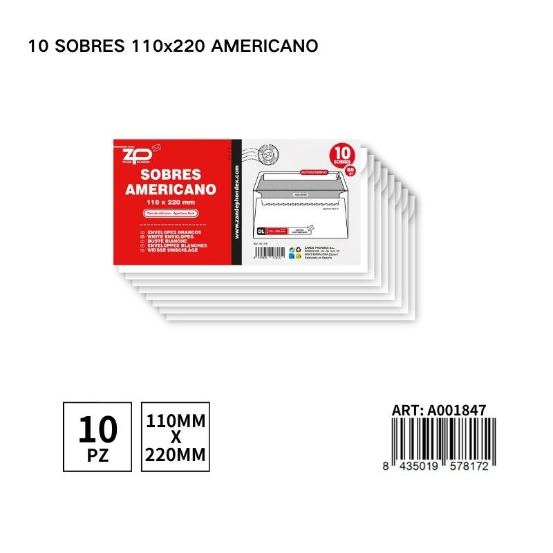 10 sobres americanos 110x220mm