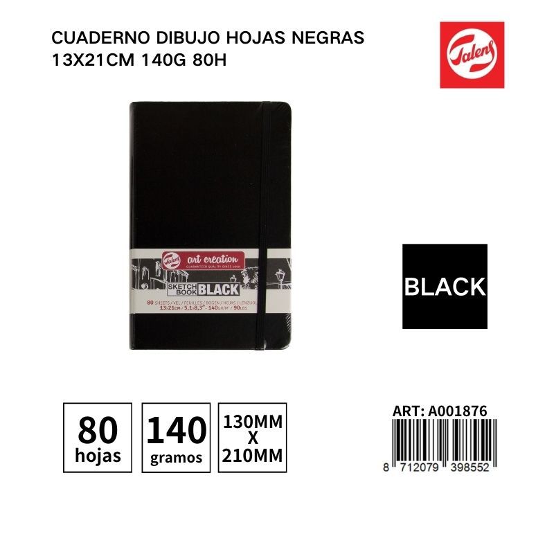 Cuaderno de dibujo con hojas negras 13X21 cm 140g 80 hojas - Material escolar