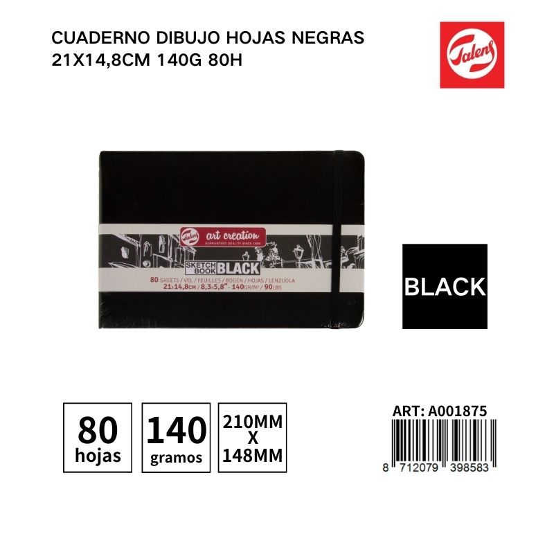 Cuaderno de dibujo hojas negras 21X14.8CM 140G 80H - Papelería artística