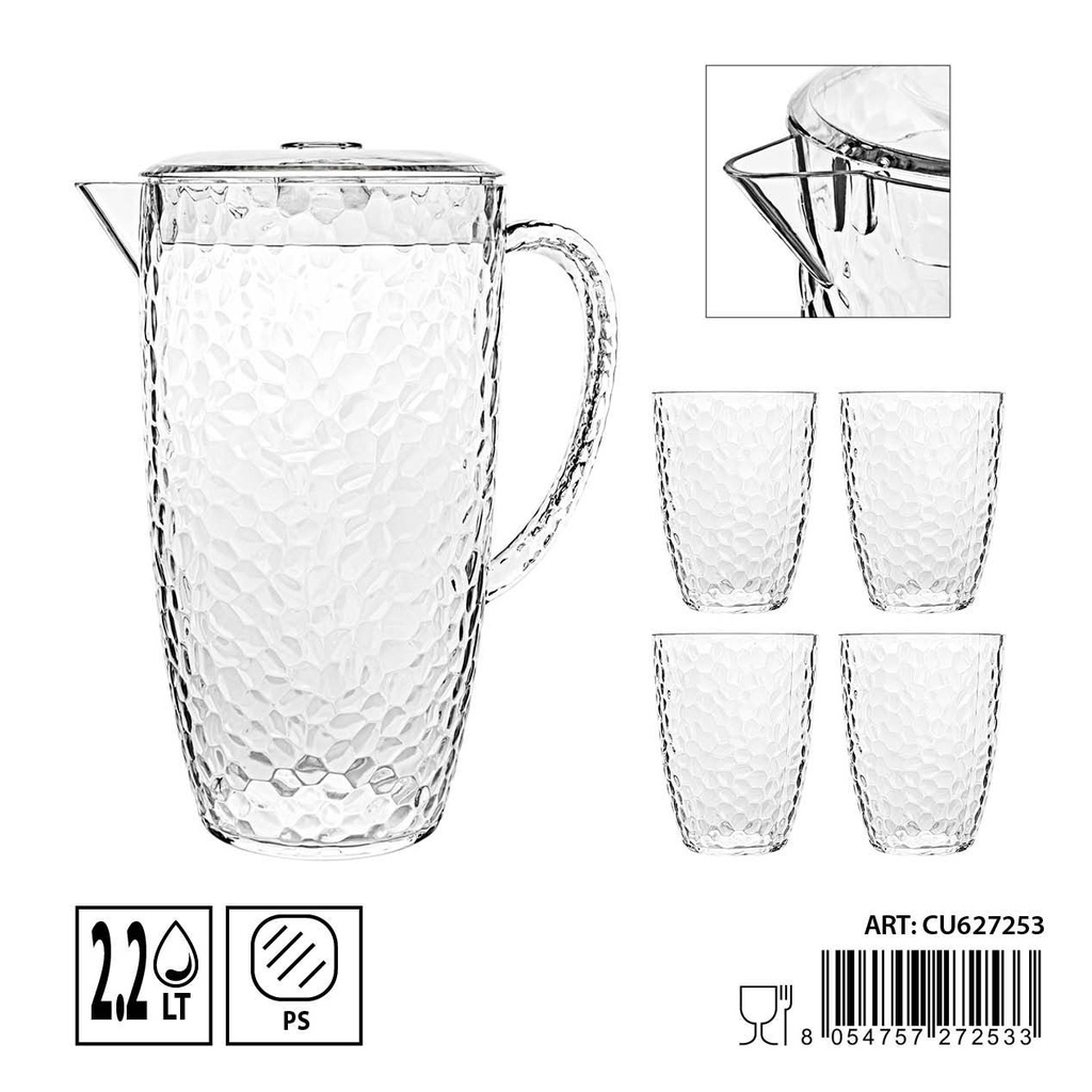 Jarra de 2.2L + vasos de plástico 4pz resistente y reutilizable