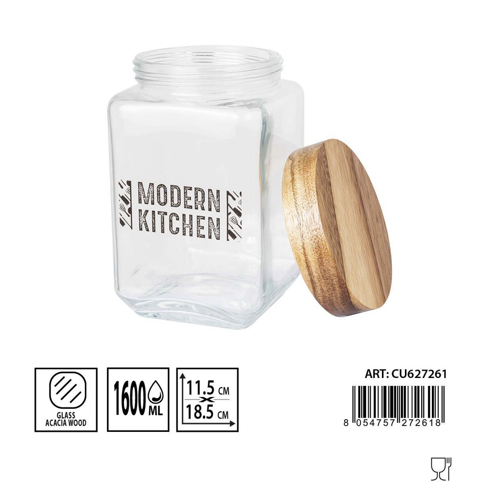 Bote de vidrio con tapa acacia 11,5X18,5CM 1600ML - Almacenaje de vidrio