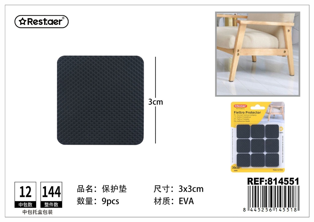 Fieltro adhesivo protector negro 30*30MM 4MM 9PCS - Artículos de uso diario