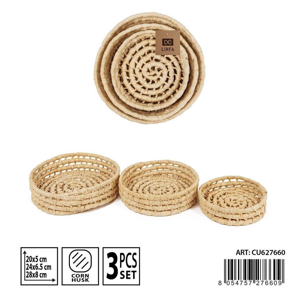 Set de 3 cestas redondas de fibra natural para almacenamiento