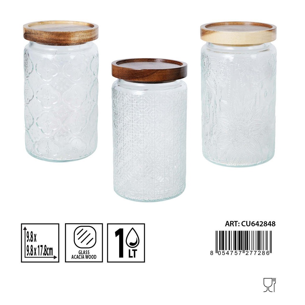 Bote de cristal con tapa de madera 1000ml 9.8x9.8x17.8cm para cocina