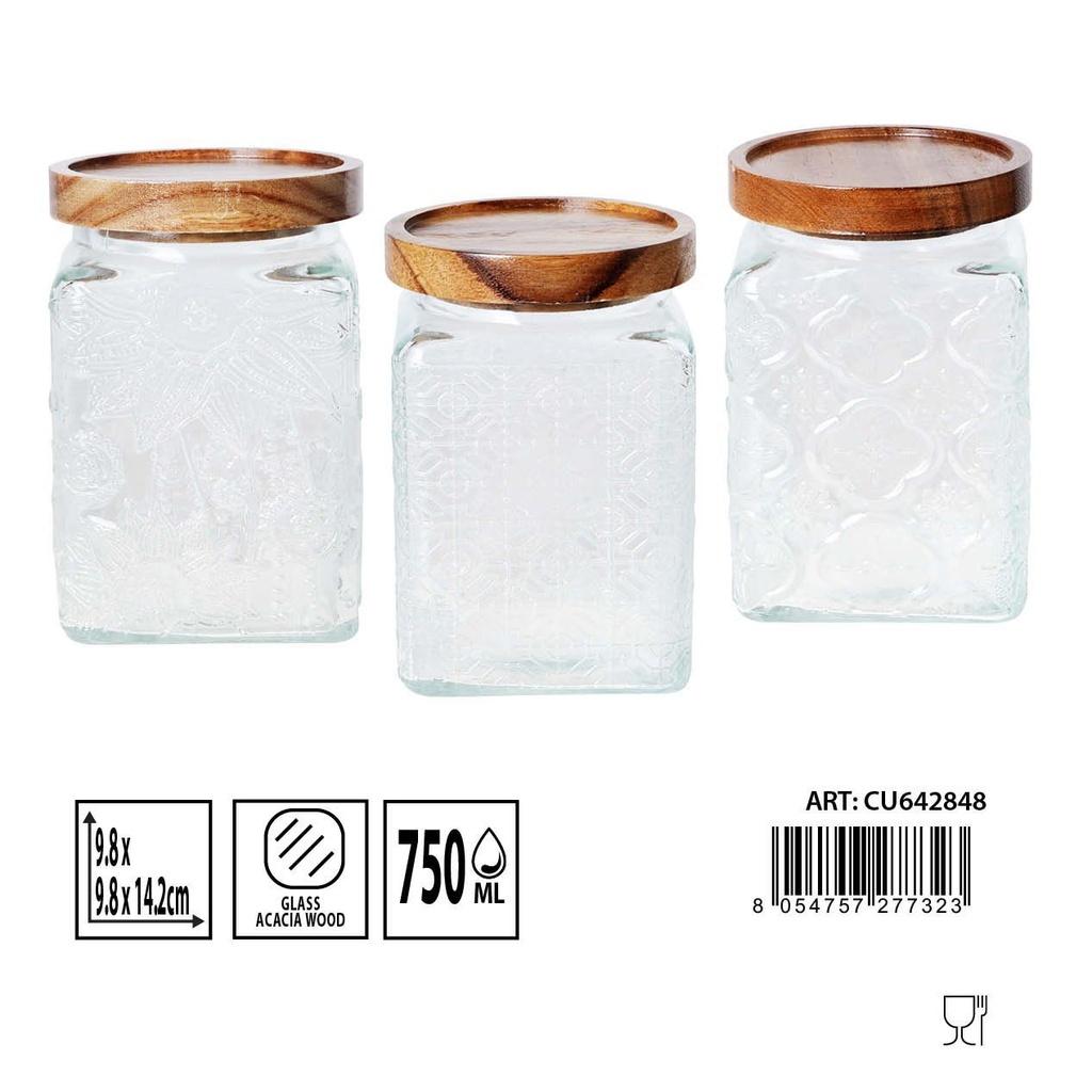 Bote de cristal con tapa de acacia 750ml para almacenamiento