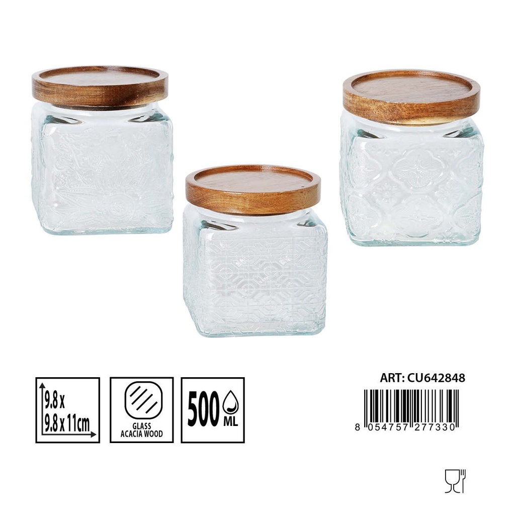 Bote de cristal 500ML con tapa de acacia 9.8X9.8X11CM - Almacenamiento