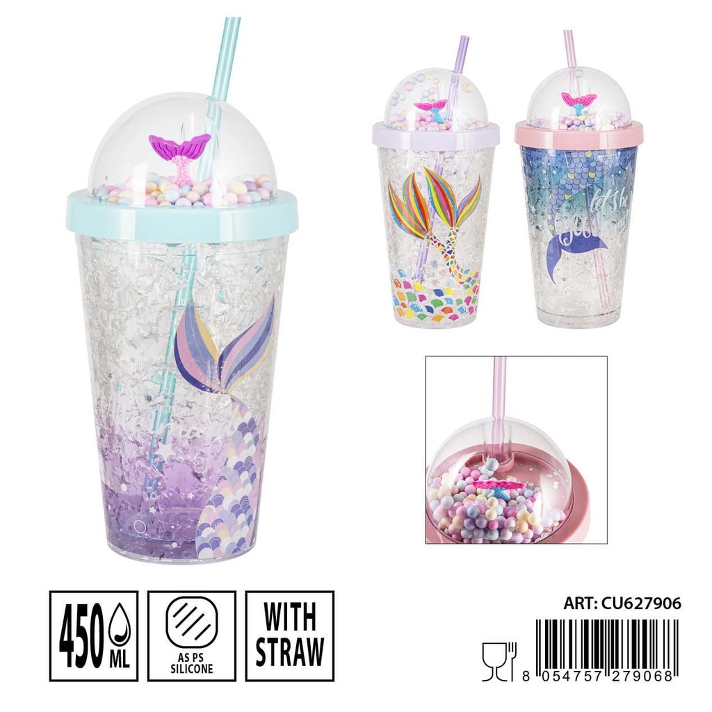 Vaso con pajita de sirena 450ml 21x10x6.5cm para bebidas frías