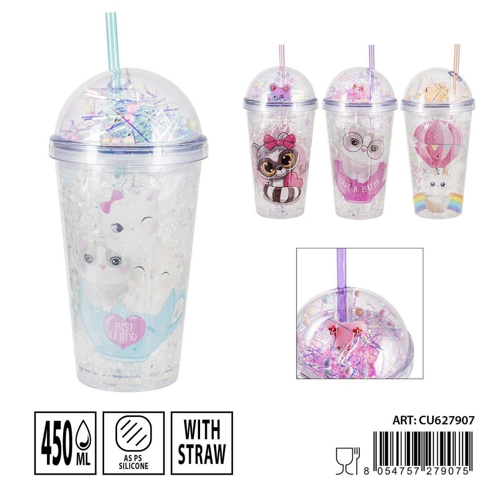 Vaso con pajita gatito 450ml 21x10x6.5cm para niños