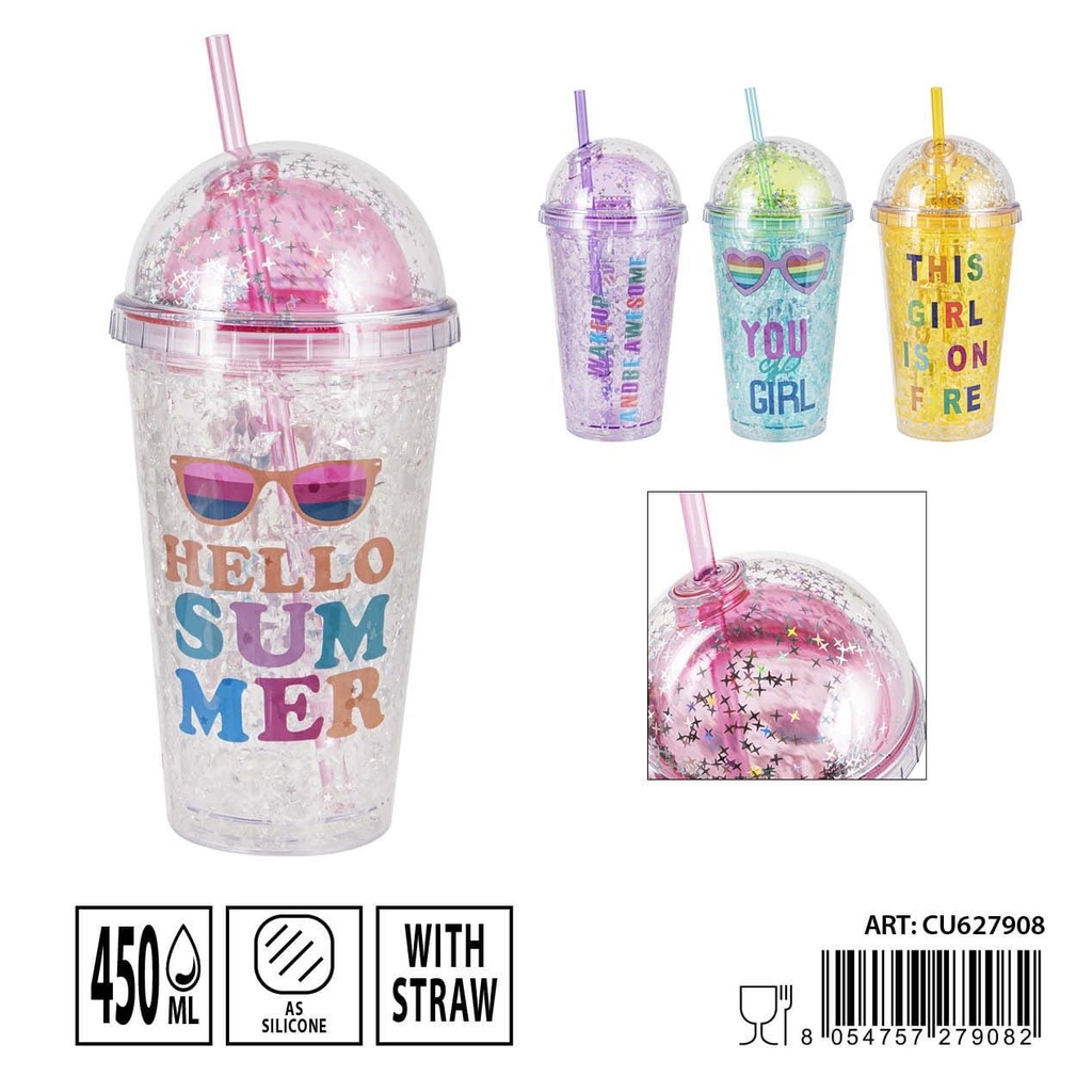 Vaso con pajita verano 450ml 21x10x6.5cm para bebidas frías