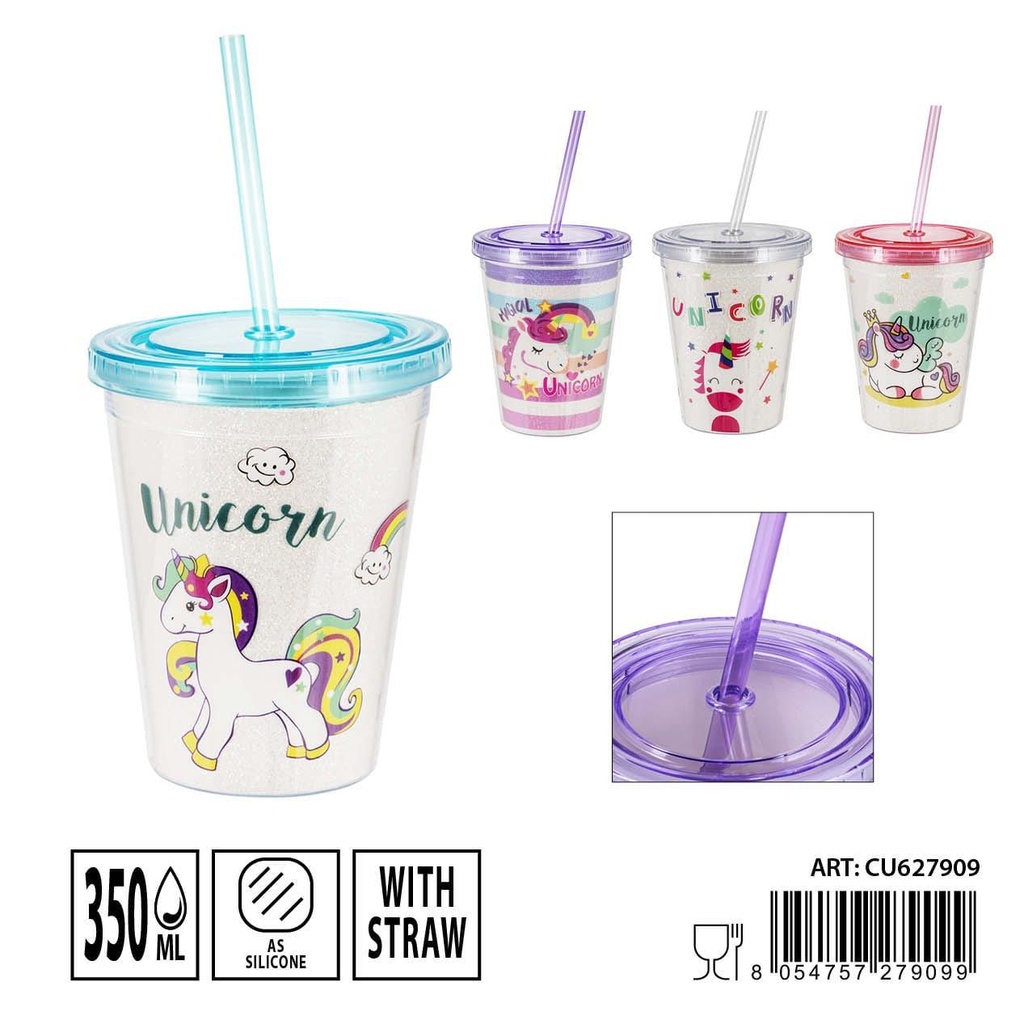 Vaso con pajita unicornio 350ml 12x10x6.5cm - Vaso divertido