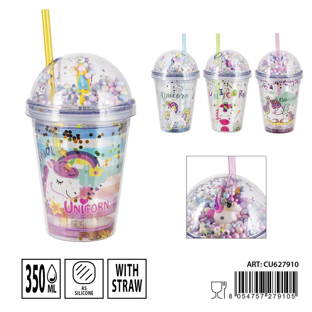 Vaso con pajita Unicornio 12x10x6.5cm 350ml para bebidas frías