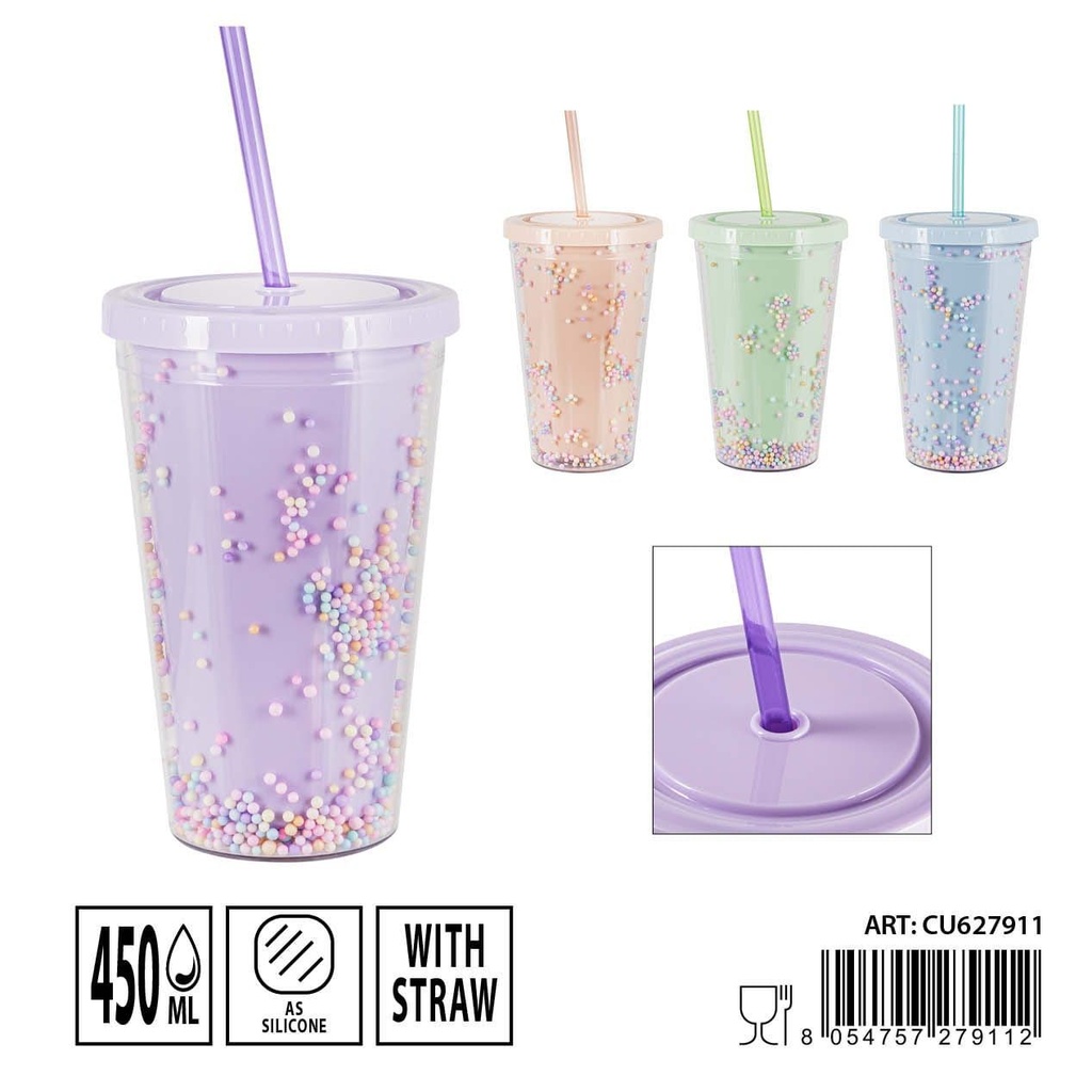 Vaso con pajita 16x10x6.5cm 450ml para bebidas frías