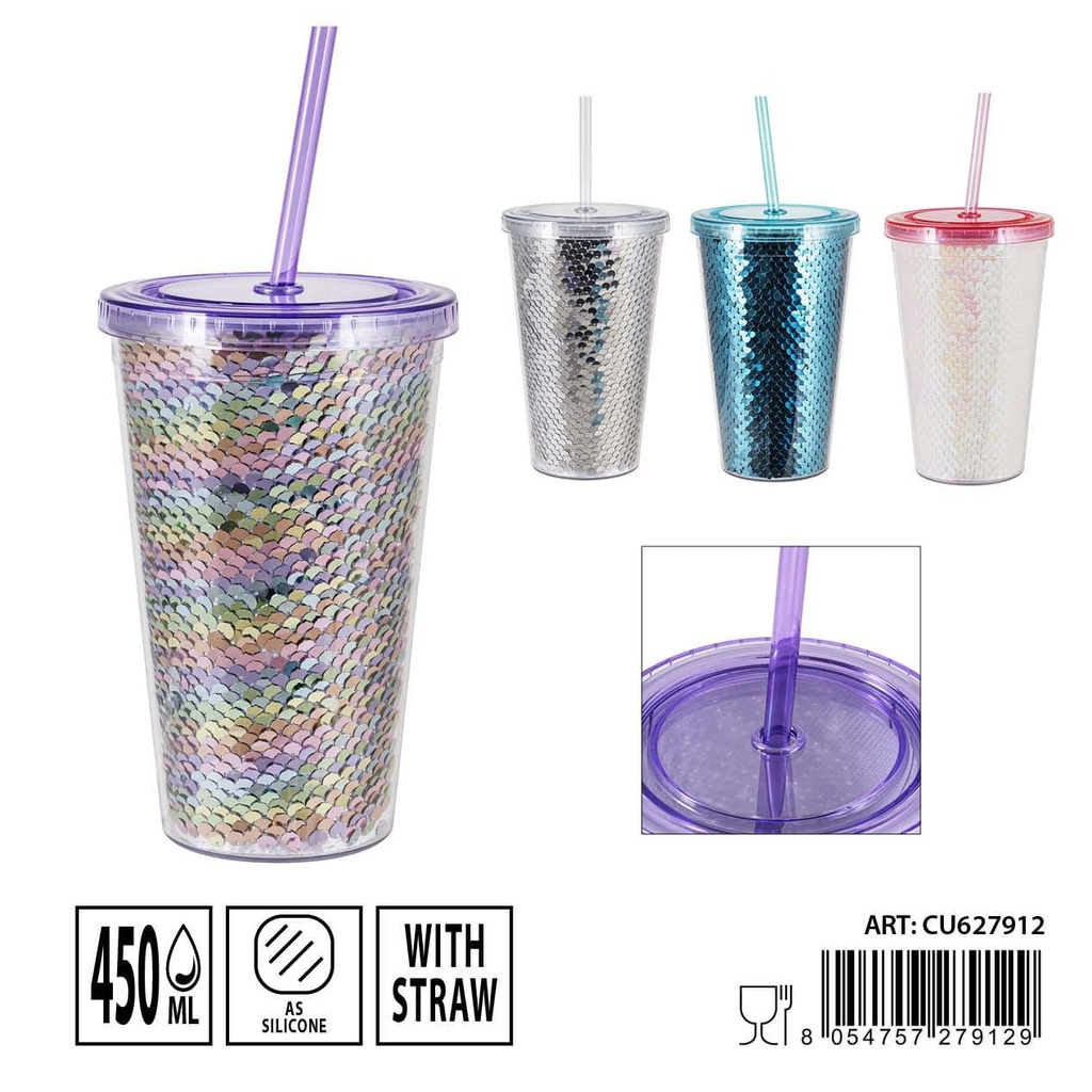 Vaso con pajita escama 450ml 16x10x6.5cm para bebidas frías