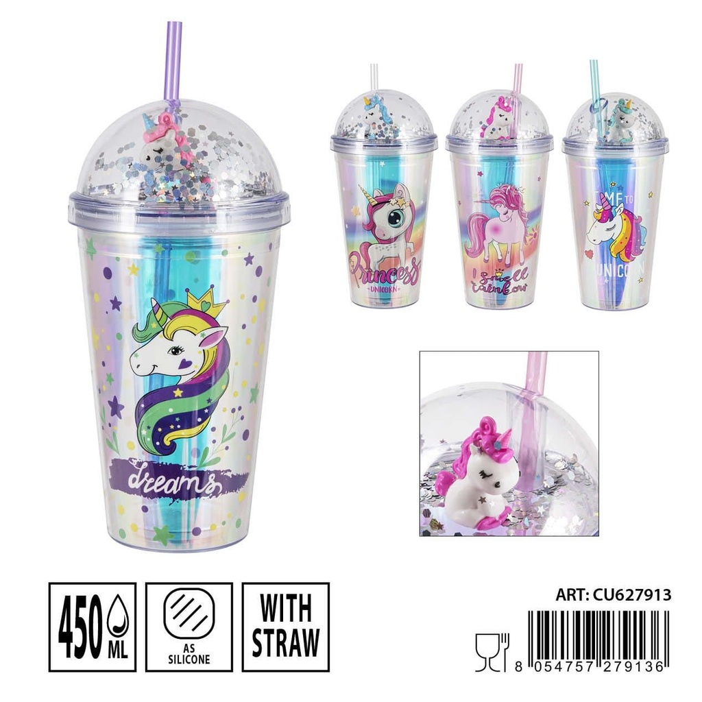 Vaso con pajita unicornio 450ml 21x10x6.5cm para niños