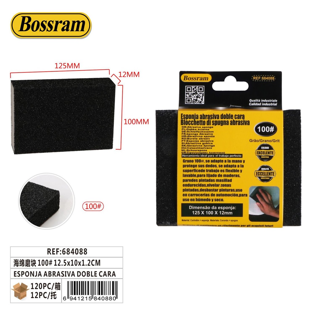 Esponja abrasiva de doble cara 100# 12.5x10x1.2cm para trabajos de lijado