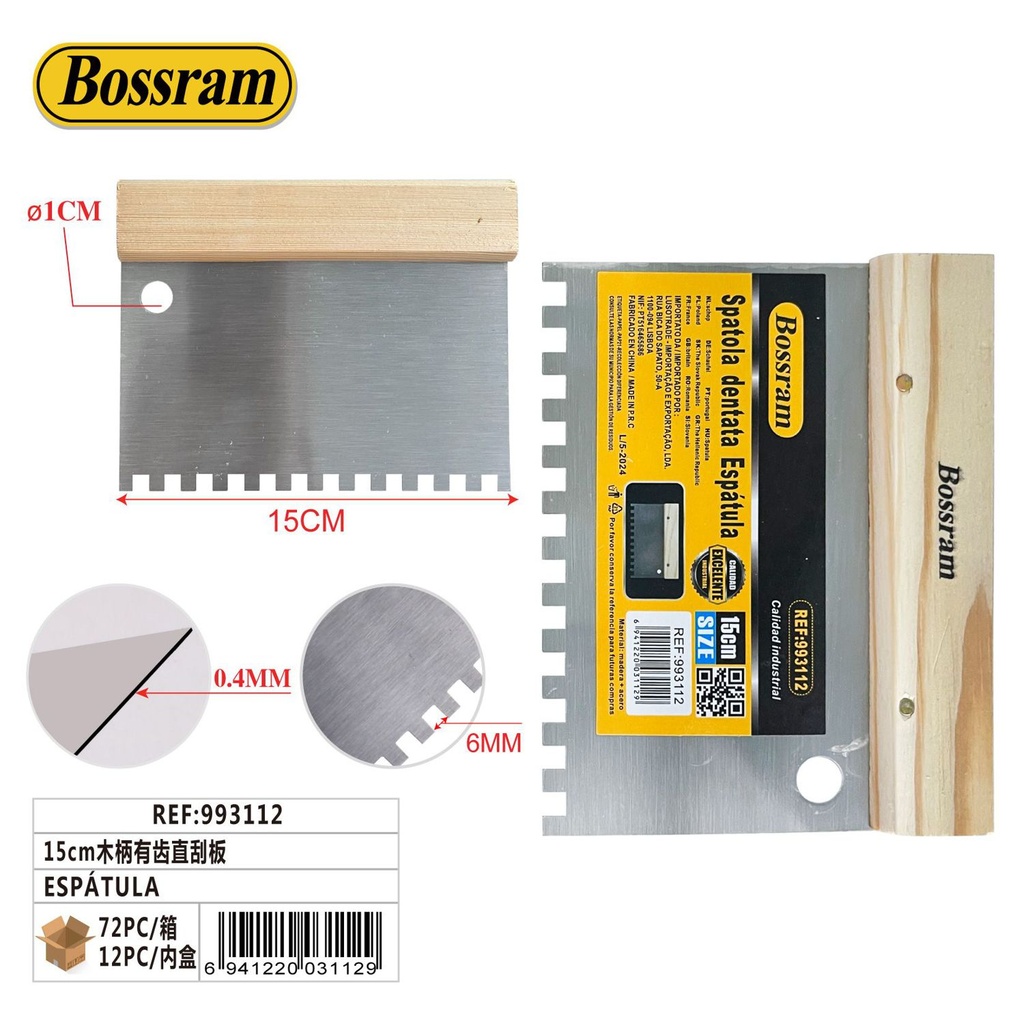 Espátula dentada con mango de madera 15cm para aplicación de masilla