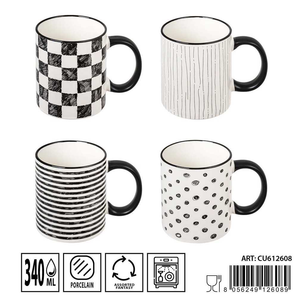 Taza cerámica blanco y negro 340ml para café y té