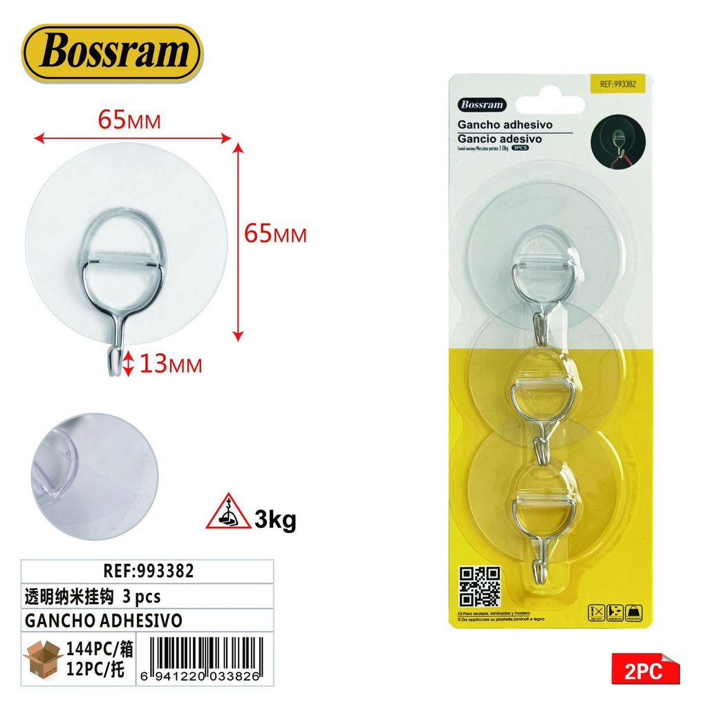 Gancho adhesivo transparente 3pcs para colgar objetos y utensilios