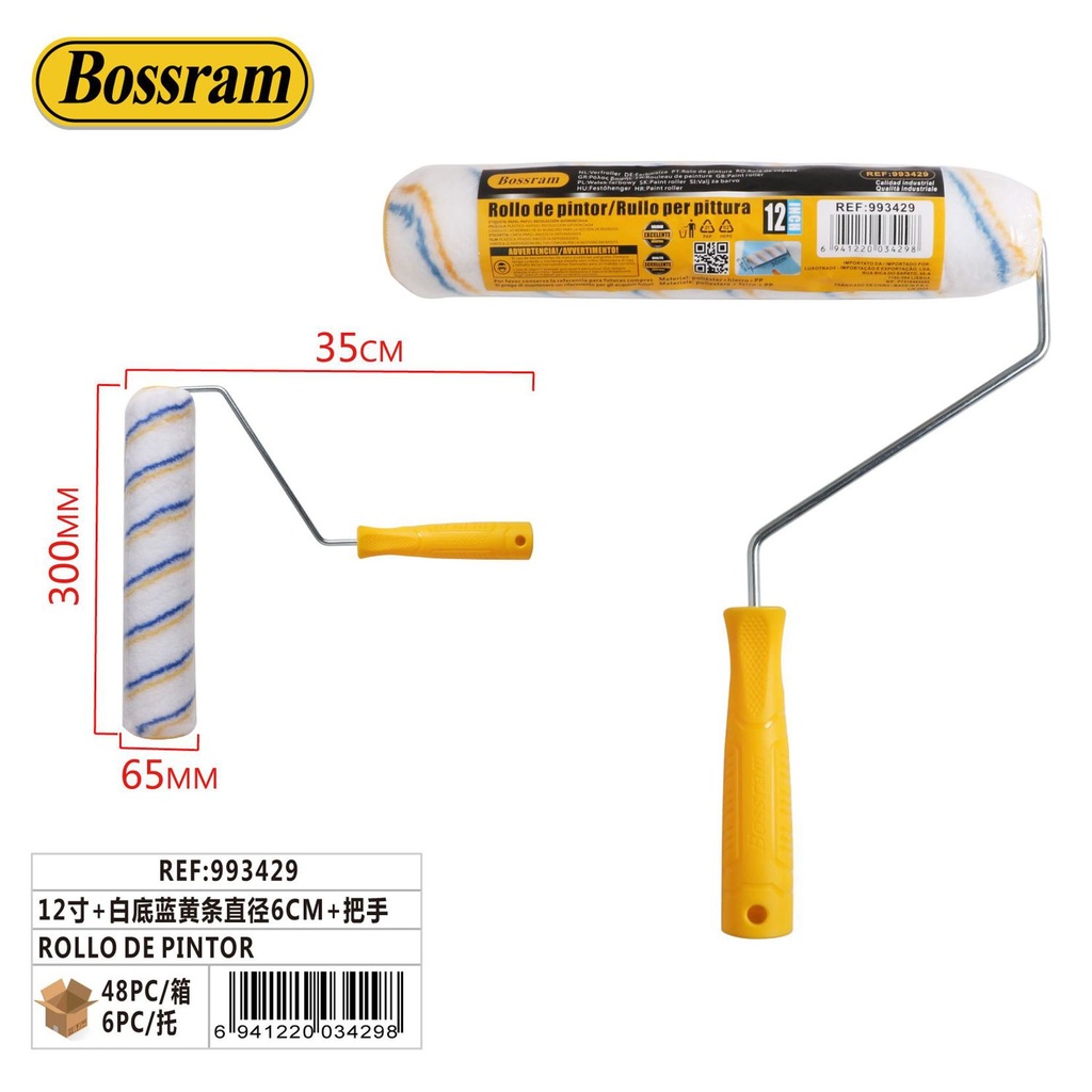 Rodillo de pintor 12" con mango y bandas azules para aplicación de pintura