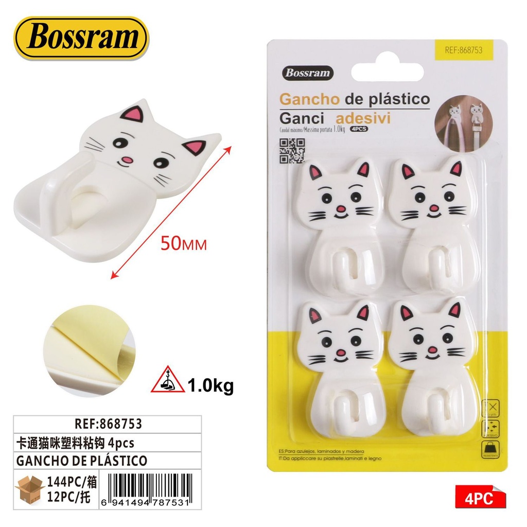 Gancho de plástico con diseño de gato 4pcs para colgar en el hogar