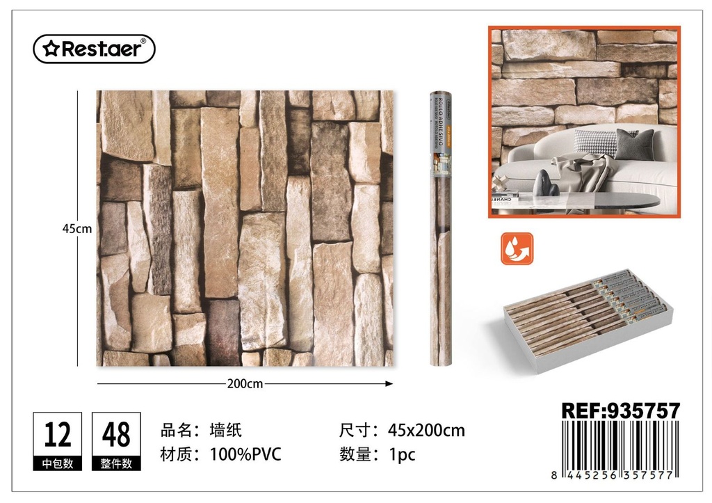 Rollo adhesivo decorativo para paredes 45cmx2m efecto piedra para decoración