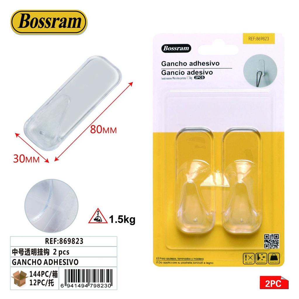 Gancho adhesivo transparente mediano 2pcs para colgar objetos