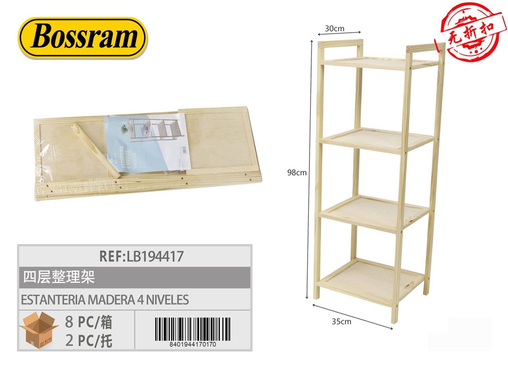 Estantería de madera 4 niveles 35x30x98cm para almacenamiento