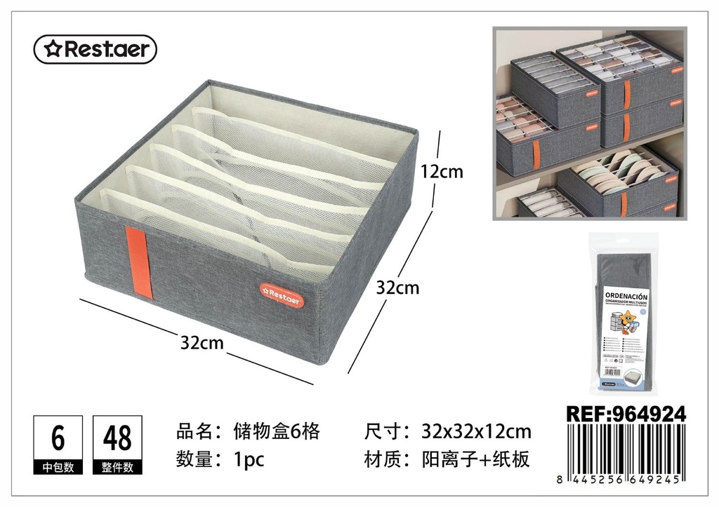 Cesta de almacenaje con seis compartimentos 32x32x11cm para organización