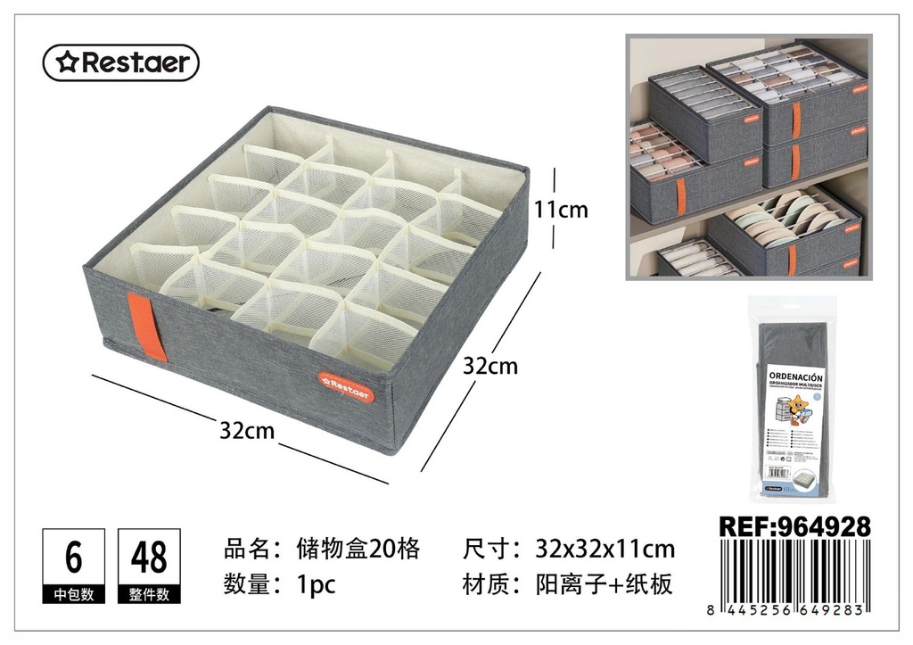 Cesta de almacenaje gris iónico con tapa 20 compartimentos 32x32x11cm para organización