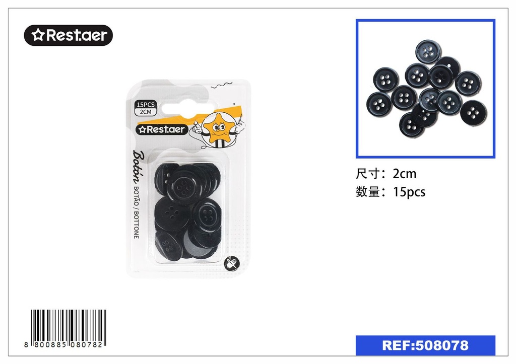 Botones Negros 2 cm 15 pcs - Accesorios de costura