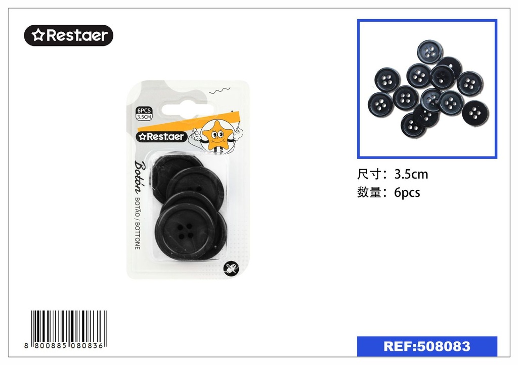 Botones negros 6pcs 3.5cm