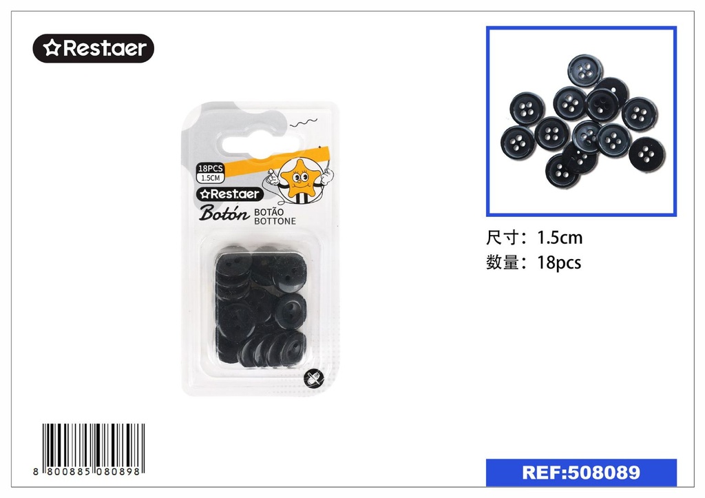 Botones negros 1.5cm set de 18 piezas para costura