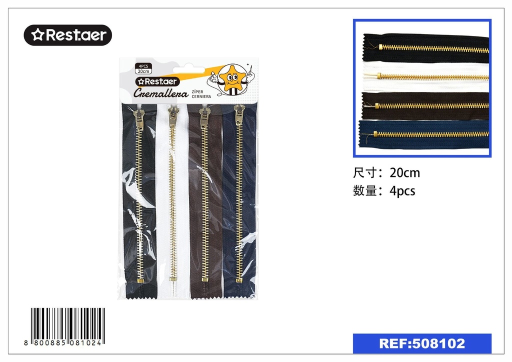 Cremallera mezclada 20 cm 4 piezas - Materiales de costura