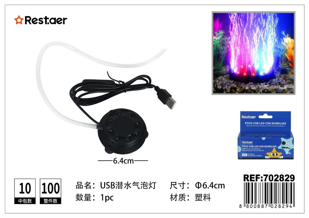 Generador de burbujas con luz USB (cambio automático de color) 6.4CM - Iluminación y oxigenación para acuarios