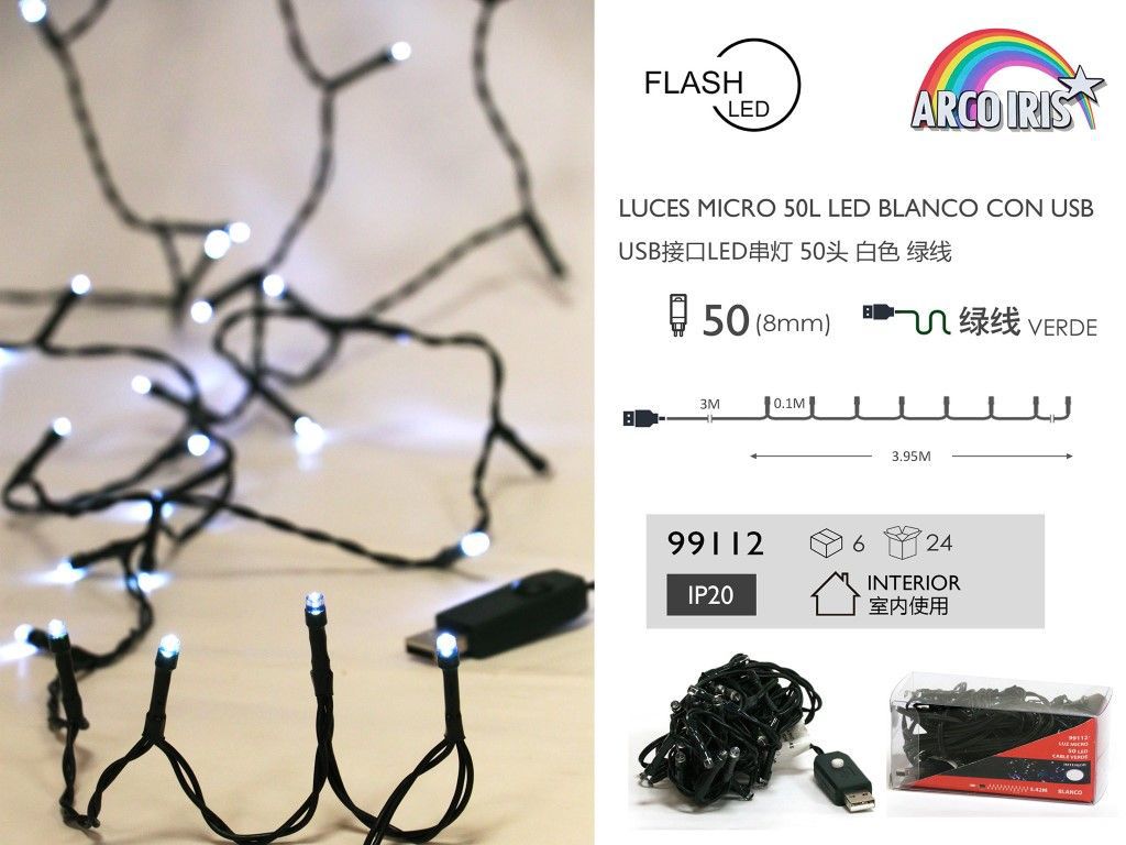 Cadena de luces LED USB 50L blancas 3.95M - Decoración de navidad