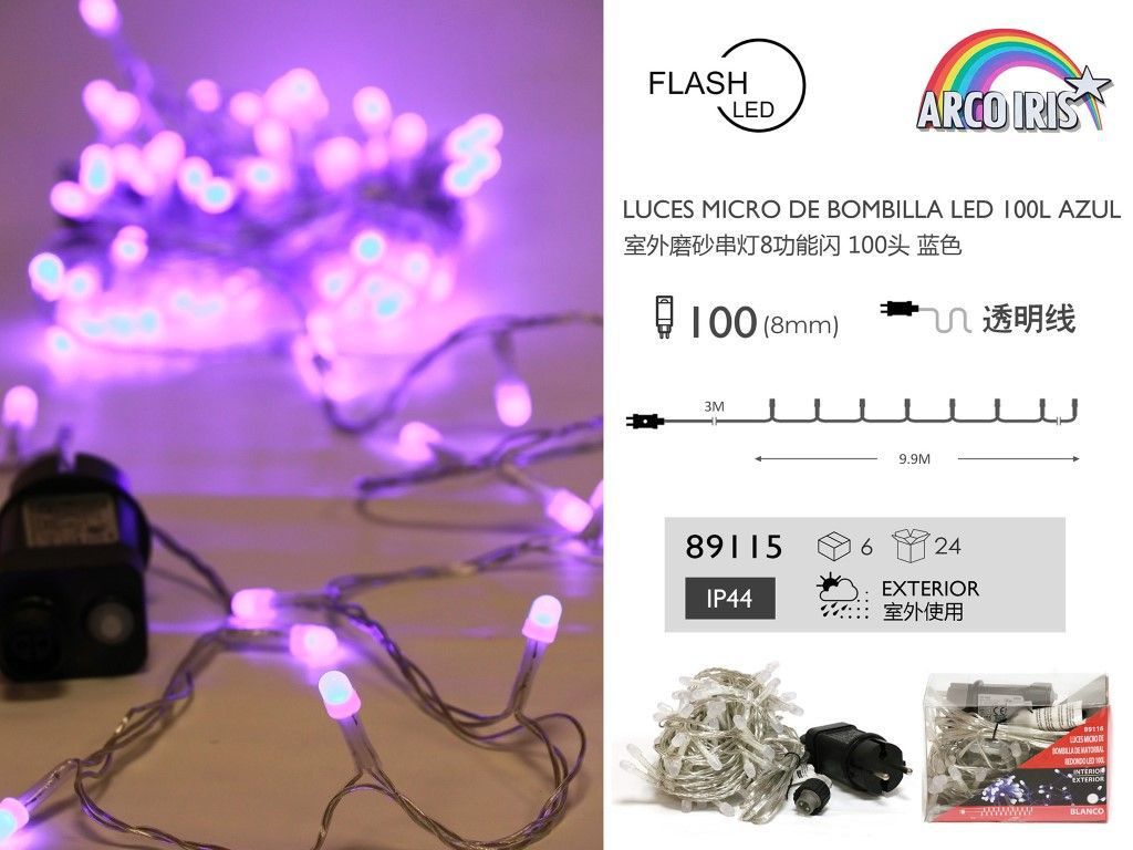 Luces LED de cadena azul bombilla redonda 100 LED - Luces exteriores impermeables IP44