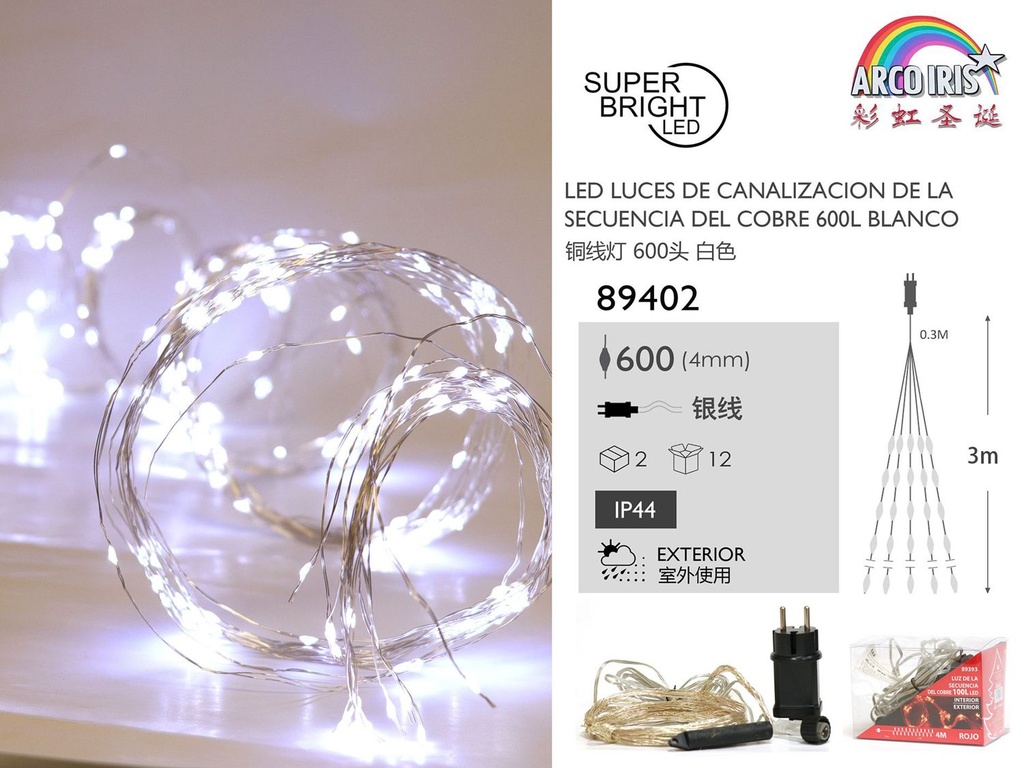 Luz de canalización de cobre 600L LED 3M blanca - Iluminación navideña