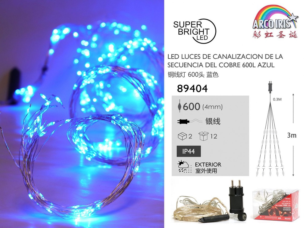 Luz de canalización de cobre 600L LED 3M azul - Iluminación navideña